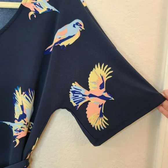 Deletta Top Women XS Petite Navy Bird Novelty Print Knit Dolman Sleeve Tie Waist - Picture 5 of 12